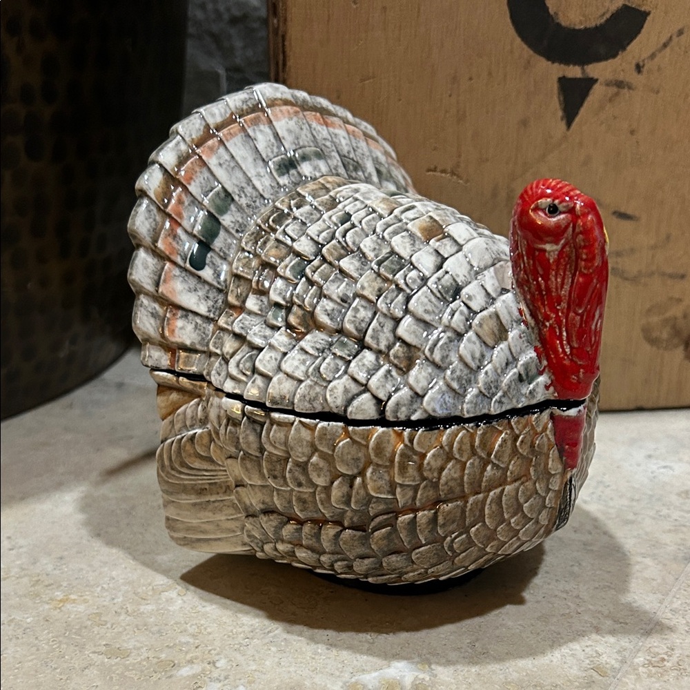 vintage ceramic hand painted turkey lidded bowl dish